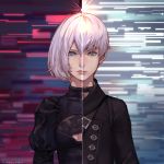  1girl aureolin31 black_choker black_dress black_jacket blue_eyes breasts choker cleavage_cutout closed_mouth commentary_request dress hairband highres jacket juliet_sleeves long_sleeves medium_breasts nier_(series) nier_automata no_blindfold puffy_sleeves short_hair silver_hair split_image yorha_no._2_type_b yorha_no._9_type_s 