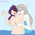  2018 anthro areola big_breasts blush breast_grab breast_play breasts canine clothing duo english_text eyebrows eyelashes female female/female fur hair hand_on_breast hot_spring human human_on_anthro interspecies long_hair mammal maren_taverndatter navel nipples nude one_eye_closed open_mouth raine_(twokinds) shirt shocked signature simple_background standing sucking surprise teeth text tongue twokinds water white_fur wolf wolfie-pawz 