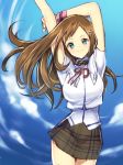  alternate_costume breasts brown_hair closed_mouth commentary_request hair_ornament hairclip long_hair looking_at_viewer murata_tefu school_uniform skirt solo sophia_esteed star_ocean star_ocean_till_the_end_of_time 