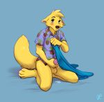  2018 4_toes 5_fingers anthro balls black_nose blush bottomless canine clothed clothing covering covering_crotch cum embarrassed fox fur goldenrod hand_on_penis kneeling male mammal masturbation partially_clothed penile_masturbation penis shirt signature simple_background solo thelupinprincess toes yellow_fur 