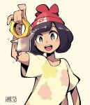  1girl :d bangs beanie black_hair bob_cut chichibu_(chichichibu) collarbone floral_print hat meltan mizuki_(pokemon) motion_lines open_mouth pokemon pokemon_(creature) pokemon_(game) pokemon_go pokemon_sm red_hat shirt short_hair short_sleeves silver_eyes smile solo swept_bangs t-shirt teeth yellow_shirt 