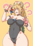  2girls armband black_choker black_leotard blonde_hair blue_eyes blush bowsette bracelet breasts brown_footwear choker cleavage clenched_teeth collarbone commentary_request crown dragon_horns dress giantess hat highres holding_person horns jewelry large_breasts leotard long_hair mario mario_(series) multiple_girls new_super_mario_bros._u_deluxe overalls pink_dress pointy_ears ponytail princess_peach red_hat shell simple_background size_difference solo_focus spiked_bracelet spiked_choker spikes super_crown super_mario_bros. teeth uru_(uru0000) wide_hips yellow_background 