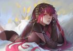  absurdres ass bangs bodysuit breasts circlet commentary fate_(series) feet_out_of_frame hair_between_eyes hands_up highres large_breasts long_hair looking_at_viewer lying on_stomach open_mouth purple_bodysuit purple_hair qmo_(chalsoma) red_eyes red_lips ruby_(stone) scathach_(fate)_(all) scathach_(fate/grand_order) see-through sidelocks smile solo translucent veil very_long_hair 