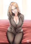  absurdres artist_name bangs_pinned_back bed_sheet bespectacled between_legs blonde_hair blue_eyes blush breasts camisole cleavage collarbone collared_shirt commentary english_commentary eyebrows_visible_through_hair facing_viewer glasses hair_pulled_back hand_between_legs highres inne-sensei_(norman_maggot) large_breasts long_hair long_sleeves looking_at_viewer norman_maggot open_mouth original pantyhose shirt sitting sweatdrop teacher unbuttoned 