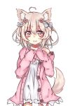  :d animal_ears blonde_hair camisole cardigan commentary_request frills hair_ribbon momose_tsugumi off_shoulder open_cardigan open_clothes open_mouth original pink_eyes ribbon short_hair smile tail transparent_background 