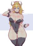  adapted_costume alternate_costume aqua_eyes armpit_crease artist_name ass_visible_through_thighs bad_arm bangs bare_arms bare_hips bare_shoulders black_collar black_footwear black_leotard blonde_hair blue_earrings blush body_blush bokuman boots borrowed_character bowsette bracelet breasts broad_shoulders brooch claw_pose cleavage clenched_teeth collar collarbone commentary covered_navel covered_nipples crown earrings english_commentary fingernails grin groin hand_up high_ponytail highleg highleg_leotard highres hip_bones horns impossible_clothes impossible_leotard jewelry large_breasts lavender_background leotard long_fingernails long_hair looking_at_viewer mario_(series) narrow_waist new_super_mario_bros._u_deluxe open_hands pink_lips princess puffy_nipples sapphire_(stone) sharp_fingernails sharp_teeth shiny shiny_hair shiny_skin simple_background sketch smile solo spiked_armlet spiked_bracelet spiked_collar spiked_shell spikes strapless strapless_leotard super_crown teeth thick_thighs thigh_boots thigh_gap thighhighs thighs turtle_shell v-shaped_eyebrows white_background wide_hips 