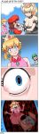  andy_reyes armlet bare_shoulders black_dress blonde_hair blue_eyes borrowed_design bowsette bracelet breasts close-up collar comic commentary constricted_pupils crown dress fire frown highres horns jealous jewelry luigi mario mario_(series) mario_tennis meme new_super_mario_bros._u_deluxe ponytail princess_peach profitshame racket screaming sharp_teeth spiked_bracelet spiked_collar spikes sportswear super_crown super_mario_bros. teeth tennis_racket tennis_uniform thick_eyebrows 