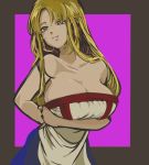  arc_the_lad arc_the_lad_ii bare_shoulders blonde_hair blush breasts cleavage closed_mouth commentary_request dress hair_down hakushin large_breasts lieza long_hair solo very_long_hair 