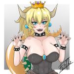  armlet bare_shoulders black_dress black_nails blonde_hair blue_eyes bowsette bracelet breasts claw_pose claws collar commentary_request crown dress fah12enheit fingernails highres horns jewelry mario_(series) nail_polish new_super_mario_bros._u_deluxe ponytail sharp_fingernails sharp_teeth solo spiked_bracelet spiked_collar spikes super_crown teeth 