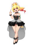  ass_visible_through_thighs bare_shoulders black_dress blonde_hair bowsette bracelet breasts choker collar commentary crown doopiedoover dress horns jewelry leotard mario_(series) middle_finger new_super_mario_bros._u_deluxe ponytail solo spiked_bracelet spiked_collar spikes super_crown tail 