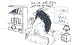  ambiguous_gender bed beverage big_hands digital_media_(artwork) dragon english_text freebird11 hair horn long_ears long_hair on_bed scalie sitting sketch solo text 