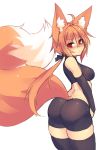  ahoge animal_ear_fluff animal_ears ass bare_shoulders bike_shorts black_gloves black_legwear black_ribbon blush breasts closed_mouth commentary elbow_gloves eyebrows_visible_through_hair eyes_visible_through_hair fluffy fox_ears fox_tail gloves hair_between_eyes hair_ribbon highres large_tail looking_at_viewer low_ponytail medium_breasts midriff orange_hair original pout red_eyes ribbon short_hair_with_long_locks simple_background sketch solo sub-res suzu_(sub-res) tail thighhighs v-shaped_eyebrows white_background 