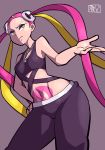  bare_legs bare_shoulders blonde_hair breasts chichibu_(chichichibu) closed_mouth eyeshadow frown gradient gradient_background hair_ornament hand_on_hip jewelry makeup medium_breasts multicolored_hair navel necklace pants pink_hair plumeri_(pokemon) pokemon pokemon_(game) pokemon_sm purple_background purple_pants quad_tails solo tattoo team_skull two-tone_hair yellow_eyes 