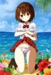  absurdres beach black_legwear blue_sky blurry blurry_foreground blush bow bow_panties bowtie breast_hold breasts brown_eyes brown_hair cameltoe closed_mouth cloud cloudy_sky crotch_seam day depth_of_field dress_shirt frilled_panties frills full_body hair_ornament hairclip head_tilt highres horizon kneeling lifted_by_self looking_at_viewer medium_breasts miniskirt ocean original outdoors palm_tree panties plaid plaid_neckwear plaid_skirt pleated_skirt ragho_no_erika red_neckwear red_skirt school_uniform shirt short_sleeves skirt skirt_lift sky smile socks solo_focus star star_hair_ornament thighs tree underwear wet wet_clothes wet_shirt white_panties white_shirt wing_collar 