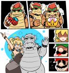  3boys 4koma :d aqua_eyes arm_around_waist black_collar black_dress blonde_hair blue_earrings borrowed_design bowser bowsette bracelet breasts breath brown_hair cherry clenched_teeth clone closed_mouth collar comic commentary couple crown dabloons double_cherry dress dual_persona earrings english english_commentary facial_hair fang fangs fangs_out flat_color food forked_eyebrows fruit gameplay_mechanics genderswap genderswap_(mtf) green_hat hand_on_another's_hip hand_on_another's_shoulder hat heavy_breathing hetero high_ponytail highres holding holding_crown holding_food holding_fruit horns jewelry long_hair luigi mario mario_(series) multiple_boys multiple_girls mustache new_super_mario_bros._u_deluxe open_mouth outstretched_arm personification princess_peach red_hat red_shirt selfcest shaded_face sharp_teeth shirt silent_comic smile spiked_armlet spiked_bracelet spiked_collar spiked_shell spikes spitting spitting_blood strapless strapless_dress super_crown super_mario_3d_world super_mario_bros. super_mario_odyssey sweat sweating_profusely teeth thick_eyebrows thumbs_up transformation turn_pale v-shaped_eyebrows waving 