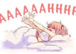  alternate_costume bed blanket blonde_hair breasts closed_eyes commentary fangs flandre_scarlet hands_up lying navel on_back open_mouth pillow screaming shaking side_ponytail solo stretch touhou under_covers white_background yoruny 