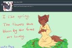  2018 ania_(wolfie-pawz) breasts canine clothed clothing dialogue dress english_text eyes_closed female flower fully_clothed grass mammal plant signature sitting text wolf wolfie-pawz 