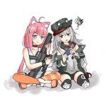  ahoge animal_ears assault_rifle blue_hair cat_ears commentary_request controller crossover g11 g11_(girls_frontline) girls_frontline grey_hair gun hinata_channel holding holding_weapon karu_(kashimiru8143) multiple_girls nekomiya_hinata pink_hair playing_games red_eyes rifle thighhighs upset weapon 