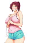  :d ao_madoushi arms_under_breasts bare_shoulders blue_shorts blush breasts cellphone covered_nipples earbuds earphones eyebrows_visible_through_hair highres holding holding_cellphone holding_phone large_breasts looking_at_viewer open_mouth original phone pink_tank_top ponytail purple_eyes red_hair shiny shiny_skin short_shorts shorts smile standing sweat sweatdrop 