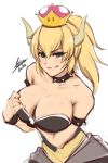  adapted_costume airisubaka aqua_eyes artist_name bare_shoulders black_dress blonde_hair borrowed_character bowsette bracelet breasts cleavage collar collarbone commentary crown dress english_commentary grin horns jewelry large_breasts looking_at_viewer mario_(series) naughty_face new_super_mario_bros._u_deluxe ponytail shiny shiny_hair sidelocks sketch smile solo spiked_bracelet spiked_collar spikes super_crown upper_body white_background 