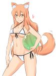  animal_ear_fluff animal_ears ball bangs beachball bikini blonde_hair blush breasts cameltoe commentary_request contrapposto cowboy_shot eyebrows_visible_through_hair fate/extra fate/extra_ccc fate/extra_ccc_fox_tail fate/grand_order fate_(series) fox_ears fox_tail hair_between_eyes hand_on_own_thigh heart large_breasts long_hair looking_at_viewer navel onaya_masakazu side-tie_bikini smile solo suzuka_gozen_(fate) swimsuit tail underboob yellow_eyes 