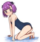  1girl arm_support ass bare_arms bare_legs bare_shoulders blush closed_mouth eyebrows_visible_through_hair female flat_chest full_body helena_blavatsky_(fate/grand_order) looking_at_viewer looking_to_the_side nopear one-piece_swimsuit purple_eyes purple_hair shiny smile solo swimsuit white_background 