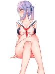  adapted_costume azur_lane bangs bare_legs bikini_top blue_bikini_top blue_hair blush bra braid breasts cleavage collarbone commentary crossed_legs cupless_bra embarrassed essex_(azur_lane) french_braid full-face_blush full_body large_breasts long_hair looking_to_the_side necktie nipples no_panties prpr_friends red_neckwear sailor_collar sitting skindentation solo swimsuit twintails underwear yellow_eyes 