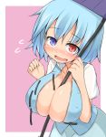  aqua_hair blue_eyes blush breasts garasuita heterochromia holding holding_umbrella large_breasts looking_at_viewer open_clothes open_shirt purple_umbrella red_eyes short_hair short_sleeves solo sweat tatara_kogasa touhou umbrella 