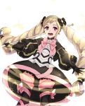  black_bow blonde_hair bow commentary_request danno_gs dress earrings elise_(fire_emblem_if) fire_emblem fire_emblem_if gloves hair_bow highres holding holding_staff jewelry long_hair long_sleeves multicolored_hair open_mouth pink_bow purple_eyes purple_hair simple_background solo sparkle staff twintails white_background 