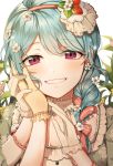  alternate_hairstyle bang_dream! bangs bari_dal blue_hair braid earrings eyebrows_visible_through_hair flower flower_earrings food_themed_hair_ornament frilled_gloves frills gloves grin hair_flower hair_ornament hair_over_shoulder hair_ribbon hand_on_another's_cheek hand_on_another's_face hand_on_another's_hand highres jewelry long_hair looking_at_viewer matsubara_kanon out_of_frame pov pov_hands purple_eyes red_ribbon ribbon ribbon_braid single_braid smile solo_focus strawberry_hair_ornament striped striped_ribbon upper_body white_flower white_gloves yellow_gloves 