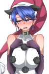  animal_ears blue_eyes blue_hair blush breasts collar doremy_sweet earrings elbow_gloves extra_ears gloves hat jewelry kuroba_rapid nightcap pom_pom_(clothes) purple_gloves short_hair simple_background sleeveless solo tapir_ears tears touhou upper_body white_background 