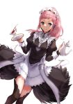  absurdres blue_eyes closed_mouth commentary_request cup danno_gs felicia_(fire_emblem_if) fire_emblem fire_emblem_if gem highres juliet_sleeves long_hair long_sleeves maid maid_headdress pink_hair plate ponytail puffy_sleeves simple_background solo standing teacup teapot thighhighs white_background zettai_ryouiki 