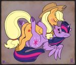  2018 anus applejack_(mlp) blonde_hair blush cowboy_hat duo earth_pony embrace equine eyes_closed female female/female feral feral_on_feral freckles friendship_is_magic hair half-closed_eyes hat hi_res horn horse inner_ear_fluff lichfang lying mammal multicolored_hair my_little_pony on_back pony pussy pussy_juice saliva saliva_string simple_background twilight_sparkle_(mlp) underhoof winged_unicorn wings 