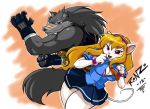  2012 anthro band-aid bandage blonde_hair bracelet brown_eyes canine clothing duo fingerless_gloves fur gloves grey_fur hair jewelry lingerie mammal mouse open_mouth open_smile rodent shonuff shonuff44 shred simple_background skirt smile squeek uniform white_fur wolf 