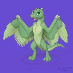  2018 digital_media_(artwork) dragon feathered_dragon feathered_wings feathers feral fur green_eyes green_feathers green_fur kodardragon purple_background simple_background smile solo standing wings 