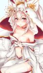  ayanami_(azur_lane) azur_lane bangs bare_shoulders blush bow breasts brown_eyes collarbone commentary_request eyebrows_visible_through_hair hair_between_eyes headgear highres hood hood_up japanese_clothes kimono kyarotto_(zenkixd) long_hair looking_at_viewer medium_breasts navel nipples off_shoulder one_breast_out parted_lips short_kimono silver_hair sitting solo thighhighs white_bow white_kimono white_legwear 