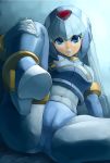  1girl android arm_support blue_eyes bodysuit boots breasts cameltoe capcom commentary_request covered_navel gloves hand_on_own_leg head_tilt helmet high_heels highres holding_leg leaning_back leg_up leviathan_(rockman) looking_at_viewer medium_breasts rati_(absoluteblue) rockman rockman_zero sitting smile solo thigh_boots thighhighs white_gloves 