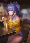  bare_legs bare_shoulders blue_hair blue_shorts blurry blurry_background chair commentary_request covered_collarbone cup drinking_glass eyebrows_visible_through_hair eyes_visible_through_hair hair_ribbon hand_on_own_chin highres indoors jacket leaning_forward legs_together long_hair looking_at_viewer midriff off_shoulder open_clothes open_jacket ponytail purple_eyes qiongsheng reflection ribbon shinano_(zhan_jian_shao_nyu) shirt short_shorts shorts sitting sleeveless sleeveless_shirt sleeveless_turtleneck solo turtleneck unzipped white_shirt yellow_jacket zhan_jian_shao_nyu zipper 