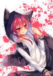  animal_hood collarbone elsword elsword_(character) facial_mark hood long_sleeves red_eyes red_hair shirt short_hair sitting smile splatter utm 