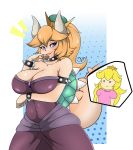  2018 alternate_species animal_humanoid bowser bracelet breasts choker cleavage clothed clothing collar crossgender crown digital_media_(artwork) dress female hi_res horn human humanoid humanoidized jewelry looking_at_viewer mammal mario_bros nintendo open_mouth ponytail princess_peach shell simple_background smile smug spiked_collar spiked_shell spiked_tail spikes super_crown video_games zzvinniezz 