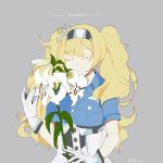  big_hair blonde_hair blue_shirt breast_pocket breasts buttons closed_eyes closed_mouth collared_shirt colored_eyelashes commentary_request eyelashes flower gambier_bay_(kantai_collection) gloves grey_background hair_between_eyes hairband highres holding holding_flower kantai_collection large_breasts lily_(flower) long_hair multicolored multicolored_clothes multicolored_gloves pocket shirt short_sleeves simple_background solo tokiwa_(tkw_kc) twintails twitter_username underbust upper_body white_flower wing_collar 