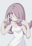  bare_shoulders breasts collarbone commentary_request dress eyeshadow hair_over_one_eye half-closed_eyes highres little_witch_academia long_hair looking_at_viewer makeup pale_skin pink_hair pointing pointing_at_self popopo red_eyes sharp_teeth simple_background small_breasts smile solo sucy_manbavaran teeth upper_body white_background white_dress 
