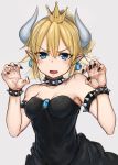  absurdres akky_(akimi1127) bare_shoulders black_dress black_nails blonde_hair blue_eyes blush bowsette bracelet breasts claw_pose claws cleavage collar commentary_request crown dress earrings eyebrows_visible_through_hair grey_background highres horns jewelry looking_at_viewer mario_(series) medium_breasts nail_polish new_super_mario_bros._u_deluxe open_mouth paw_pose pointy_ears ponytail short_hair simple_background sketch solo spiked_bracelet spiked_collar spikes super_crown 
