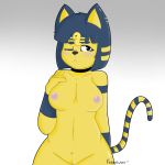  2018 animal_crossing ankha_(animal_crossing) anthro big_breasts black_eyes blue_hair blush breasts cat digital_media_(artwork) egyptian feline female frankuwu fur hair looking_at_viewer mammal nintendo nipples nude piercing pussy simple_background solo thick_thighs video_games white_background wide_hips yellow_fur 