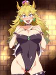  armlet ass_visible_through_thighs bangs black_legwear black_leotard black_nails blonde_hair blue_eyes blush borrowed_design bowsette bracelet breast_suppress breasts brick_wall cameltoe cleavage collar collarbone colored_eyelashes commentary_request covered_navel cowboy_shot crown earrings emerald eyebrows eyebrows_visible_through_hair gem gradient gradient_hair hair_between_eyes hands_on_own_chest highleg highleg_leotard hips horns jewelry large_breasts leotard long_hair looking_at_viewer mario_(series) messy_hair mizuryuu_kei multicolored_hair nail_polish new_super_mario_bros._u_deluxe open_mouth pointy_ears sharp_teeth short_pointy_ears solo spiked_armlet spiked_bracelet spiked_collar spiked_shell spiked_thighlet spikes standing strapless strapless_leotard super_crown teeth thighhighs thighlet tongue tongue_out turtle_shell upper_teeth v-shaped_eyebrows 