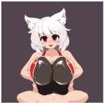  1girl alternate_breast_size animal_ear_fluff animal_ears animated animated_gif blinking blush breast_squeeze breasts check_commentary cleavage closed_eyes closed_mouth clothed_female_nude_male clothed_paizuri commentary_request competition_swimsuit cum cum_on_body cum_on_breasts cum_on_clothes cum_on_hair cum_on_upper_body cum_pool ejaculation ejaculation_between_breasts ejaculation_under_clothes eyebrows_visible_through_hair facial gigantic_breasts grey_background hetero inubashiri_momiji looking_at_viewer lotion naughty_face navel nose_blush nude one-piece_swimsuit open_mouth paizuri paizuri_under_clothes penis pixel_art pov pov_crotch red_eyes shiny_swimsuit short_hair simple_background smile solo_focus swimsuit takorin tareme touhou white_hair wince wolf_ears 