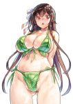  1girl arms_behind_back ass_visible_through_thighs bare_shoulders bikini blush breasts brown_hair cleavage green_bikini hair_ribbon kiyama_satoshi large_breasts leaf_bikini long_hair looking_at_viewer navel open_mouth plump red_eyes ribbon simple_background solo swimsuit virtual_youtuber white_background yaezawa_natori 