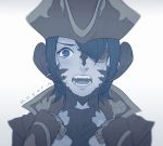  au_ra black_hair blur close-up dragon_horns eyepatch face fangs final_fantasy final_fantasy_xiv gloves hair_over_one_eye hat horns koyorin monochrome open_mouth pirate_hat scales short_hair signature solo tears white_background 