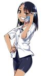  bike_shorts black_hair bottle brown_eyes grin hand_on_hip highres ijiranaide_nagatoro-san looking_at_viewer medium_hair nagatoro simple_background smile tan white_background 