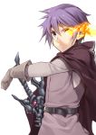  belt blue_eyes burning_eye cape commentary_request gloves hair_between_eyes highres luka_(mon-musu_quest!) male_focus mon-musu_quest! purple_hair serious short_hair simple_background solo spiked_hair sword tunic weapon white_background yappen 